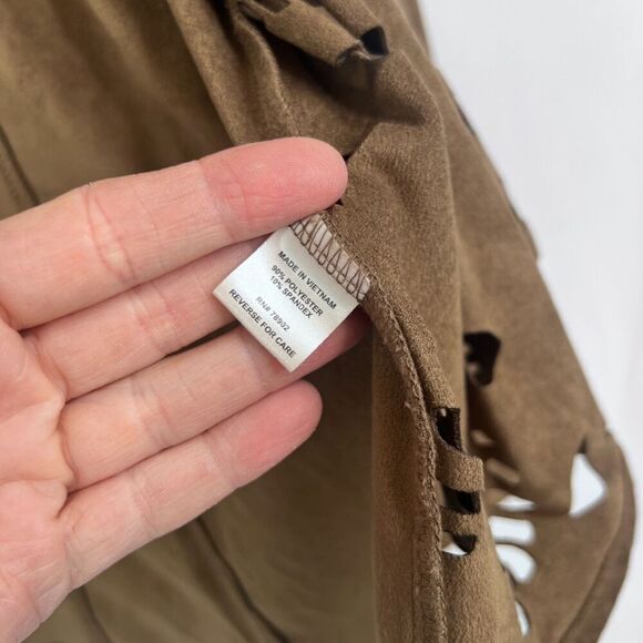 Erin London Brown Suede Cut Out Floral Open Front Waterfall Boho Cardigan‎ Sz MD - Picture 9 of 10